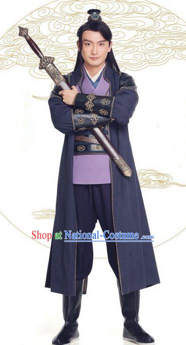 Asian Chinese Northern and Southern Dynasty Swordsman Costume and Headpiece Complete Set, China Ancient Elegant Hanfu Kawaler Robes Clothing