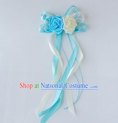 Top Grade Wedding Accessories Decoration, China Style Wedding Limousine Satin Bowknot Blue Flowers Bride Long Ribbon Garlands