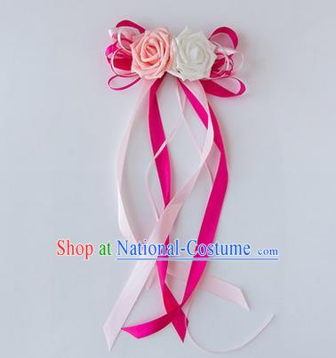 Top Grade Wedding Accessories Decoration, China Style Wedding Limousine Satin Bowknot Rosy Flowers Bride Long Ribbon Garlands