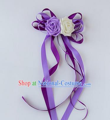 Top Grade Wedding Accessories Decoration, China Style Wedding Limousine Satin Bowknot Purple Flowers Bride Long Ribbon Garlands