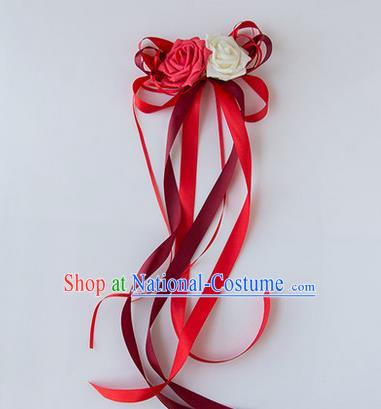 Top Grade Wedding Accessories Decoration, China Style Wedding Limousine Satin Bowknot Red Flowers Bride Long Ribbon Garlands