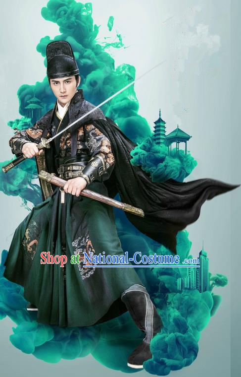 Traditional Ancient Chinese Imperial Bodyguard Blades Costume and Headpiece Complete Set, Chinese Ming Dynasty Imperial Guards Robes Clothing