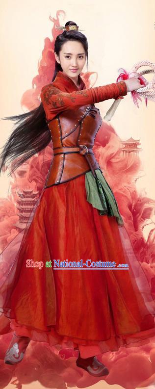 Traditional Ancient Chinese Swordswoman Costume and Headpiece Complete Set, Chinese Ming Dynasty chivalrous Woman Red Dress Clothing