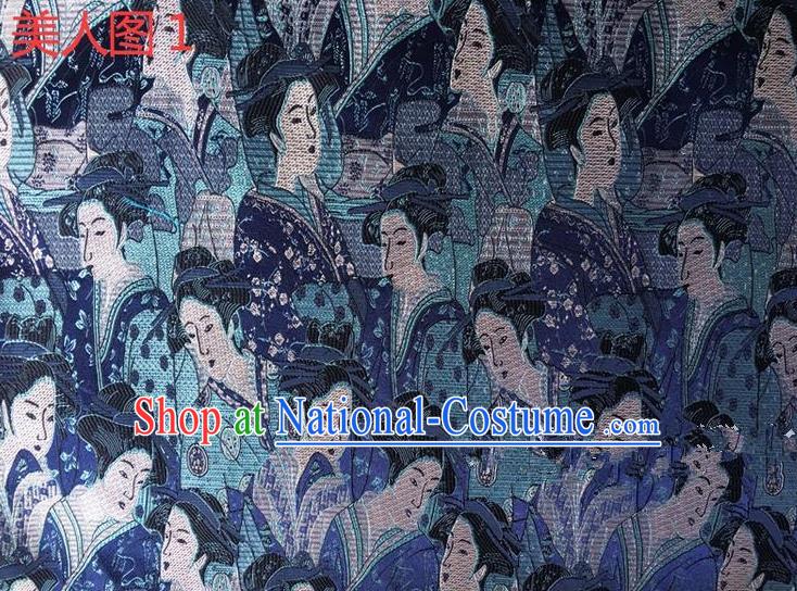 Asian Chinese Traditional Handmade Printing Portrait of a Lady Silk Fabric, Top Grade Nanjing Brocade Tang Suit Hanfu Blue Fabric Cheongsam Cloth Material