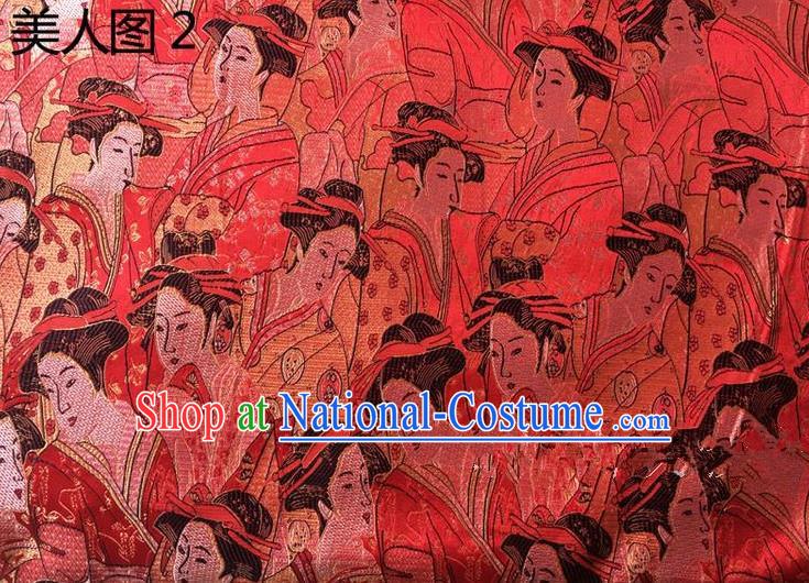 Asian Chinese Traditional Handmade Printing Portrait of a Lady Silk Fabric, Top Grade Nanjing Brocade Tang Suit Hanfu Red Fabric Cheongsam Cloth Material