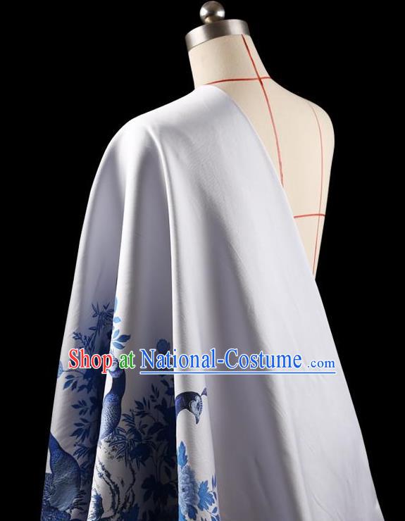 Asian Chinese Traditional Handmade Jacquard Weave Printing Peacock Silk Fabric, Top Grade Nanjing Brocade Tang Suit Hanfu White Fabric Cheongsam Cloth Material