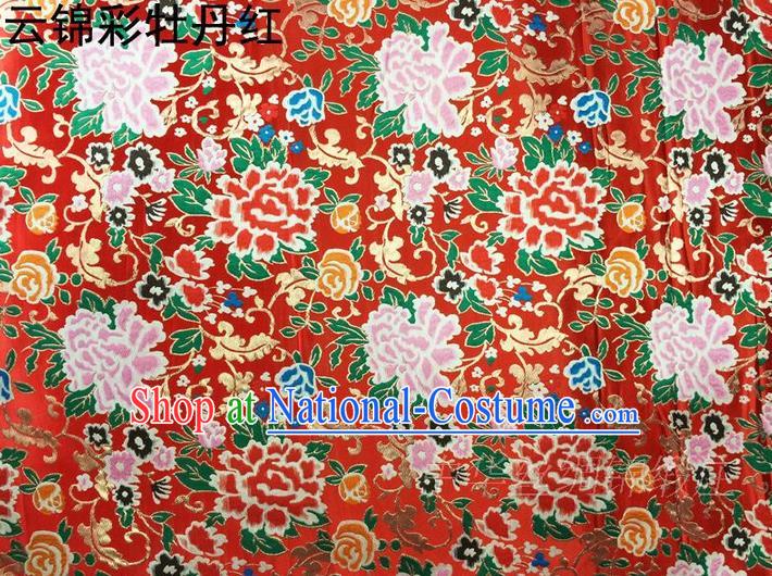 Asian Chinese Traditional Handmade Embroidery Peony Satin Silk Fabric, Top Grade Nanjing Brocade Tang Suit Hanfu Red Fabric Cheongsam Cloth Material