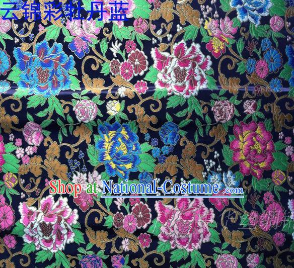 Asian Chinese Traditional Handmade Embroidery Peony Satin Silk Fabric, Top Grade Nanjing Brocade Tang Suit Hanfu Navy Fabric Cheongsam Cloth Material