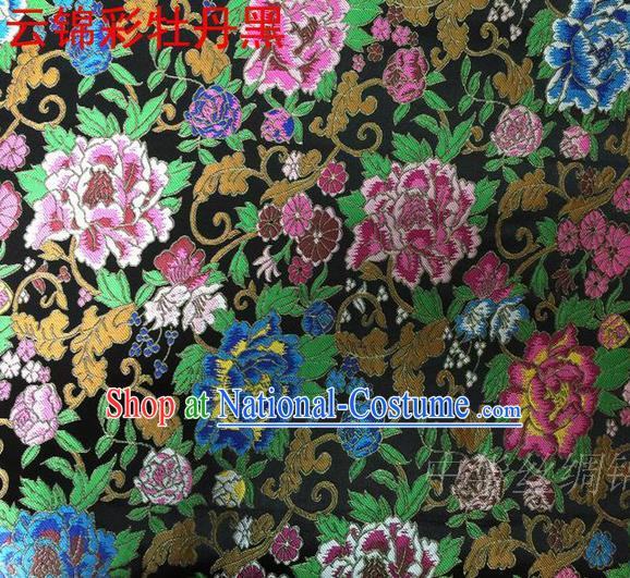 Asian Chinese Traditional Handmade Embroidery Peony Satin Silk Fabric, Top Grade Nanjing Brocade Tang Suit Hanfu Black Fabric Cheongsam Cloth Material