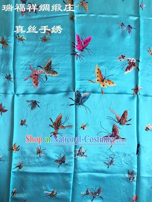 Asian Chinese Traditional Handmade Suzhou Embroidery Butterfly Dancing Satin Silk Fabric, Top Grade Quilt Cover Brocade Blue Fabric Cloth Material