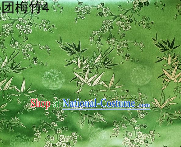 Asian Chinese Traditional Handmade Embroidery Plum and Bamboo Silk Fabric, Top Grade Nanjing Brocade Tang Suit Hanfu Green Fabric Cheongsam Cloth Material