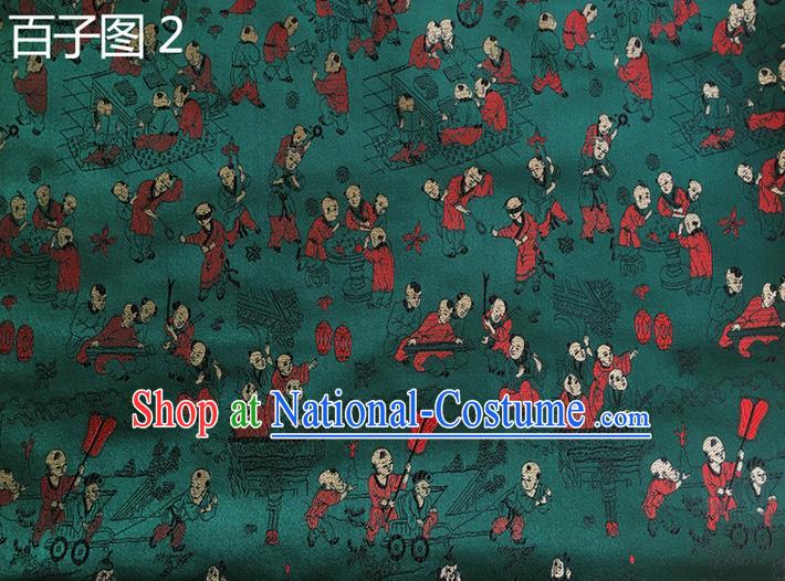 Asian Chinese Traditional Handmade Suzhou Embroidery Hundred Sons Diagram Satin Silk Fabric, Top Grade Hanfu Brocade Tang Suit Fabric Cheongsam Green Cloth Material