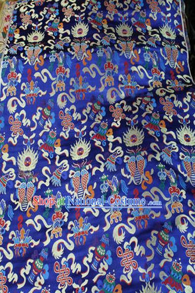 Asian Chinese Traditional Handmade Embroidery Chinese Knot Satin Silk Fabric, Top Grade Nanjing Brocade Tang Suit Hanfu Fabric Cheongsam Blue Cloth Material