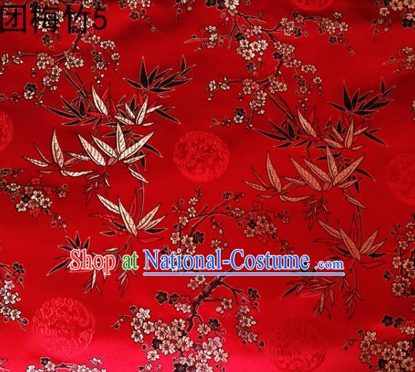 Asian Chinese Traditional Handmade Embroidery Plum and Bamboo Silk Fabric, Top Grade Nanjing Brocade Tang Suit Hanfu Red Fabric Cheongsam Cloth Material