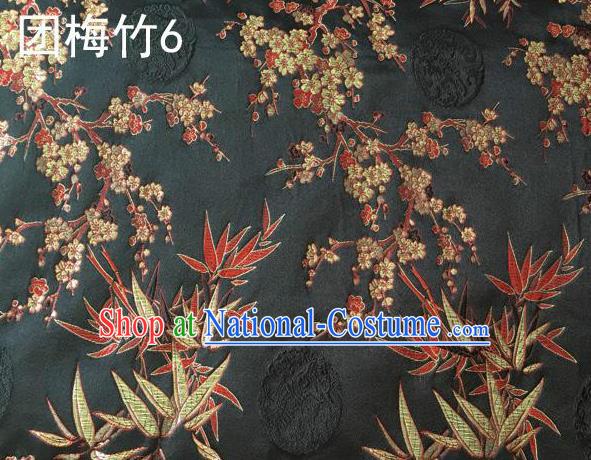 Asian Chinese Traditional Handmade Embroidery Plum and Bamboo Silk Fabric, Top Grade Nanjing Brocade Tang Suit Hanfu Black Fabric Cheongsam Cloth Material