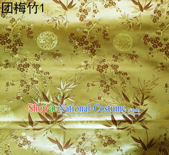 Asian Chinese Traditional Handmade Embroidery Plum and Bamboo Silk Fabric, Top Grade Nanjing Brocade Tang Suit Hanfu Golden Fabric Cheongsam Cloth Material