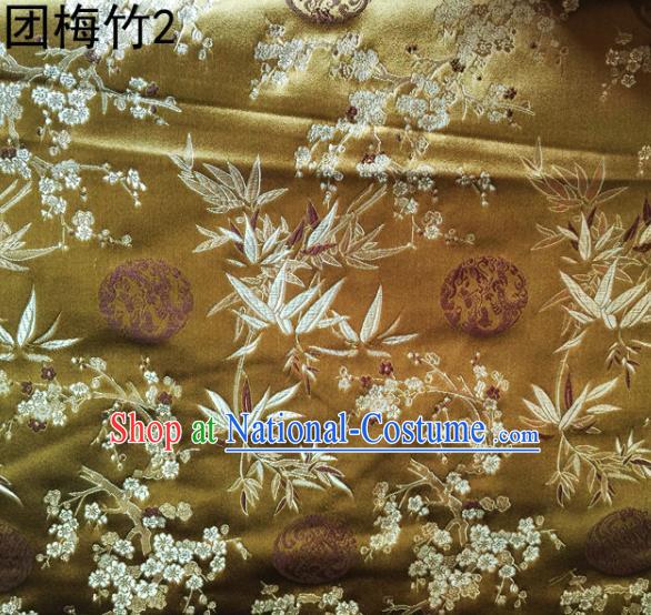 Asian Chinese Traditional Handmade Embroidery Plum and Bamboo Silk Fabric, Top Grade Nanjing Brocade Tang Suit Hanfu Mud Golden Fabric Cheongsam Cloth Material