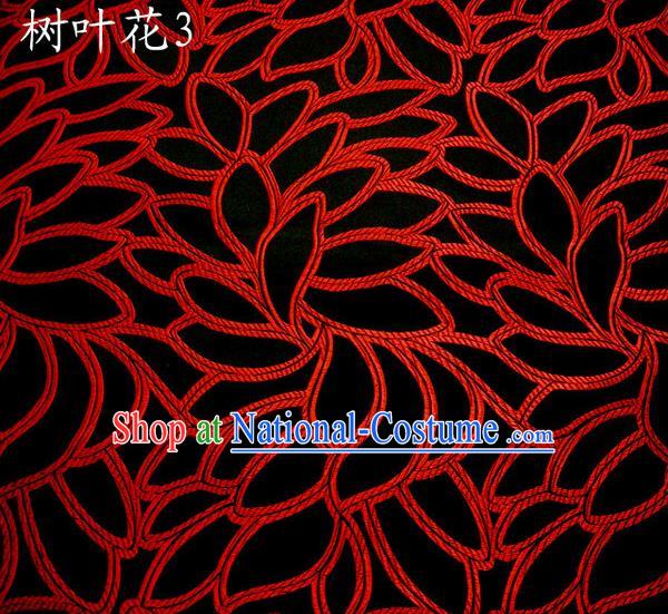 Asian Chinese Traditional Handmade Embroidery Leaf Pattern Satin Wedding Silk Fabric, Top Grade Nanjing Brocade Tang Suit Hanfu Fabric Cheongsam Black Cloth Material