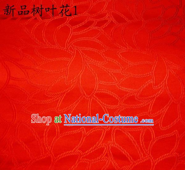 Asian Chinese Traditional Handmade Embroidery Red Leaf Pattern Satin Wedding Silk Fabric, Top Grade Nanjing Brocade Tang Suit Hanfu Fabric Cheongsam Red Cloth Material