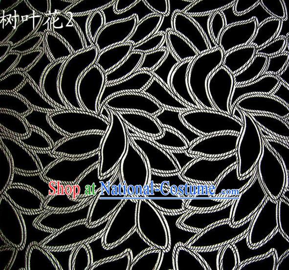 Asian Chinese Traditional Handmade Embroidery White Leaf Pattern Satin Wedding Silk Fabric, Top Grade Nanjing Brocade Tang Suit Hanfu Fabric Cheongsam Black Cloth Material