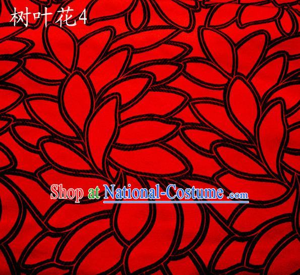 Asian Chinese Traditional Handmade Embroidery Black Leaf Pattern Satin Wedding Silk Fabric, Top Grade Nanjing Brocade Tang Suit Hanfu Fabric Cheongsam Red Cloth Material