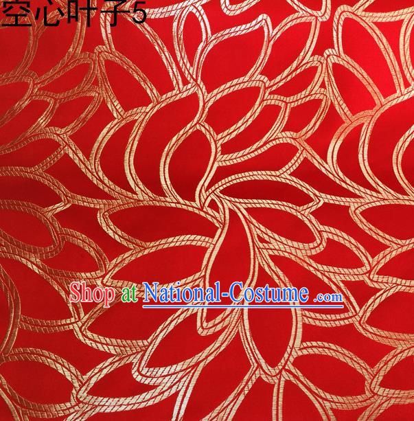 Asian Chinese Traditional Handmade Embroidery Golden Leaf Pattern Satin Wedding Silk Fabric, Top Grade Nanjing Brocade Tang Suit Hanfu Fabric Cheongsam Red Cloth Material