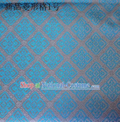 Asian Chinese Traditional Handmade Embroidery Rhombus Pattern Satin Silk Fabric, Top Grade Nanjing Brocade Tang Suit Hanfu Fabric Cheongsam Blue Cloth Material