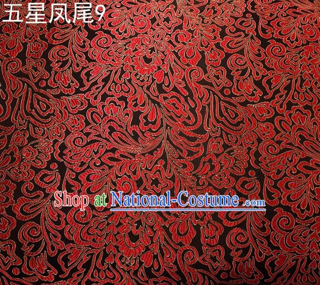 Asian Chinese Traditional Handmade Embroidery Red Five-star Ombre Flowers Satin Silk Fabric, Top Grade Nanjing Brocade Tang Suit Hanfu Fabric Cheongsam Black Cloth Material