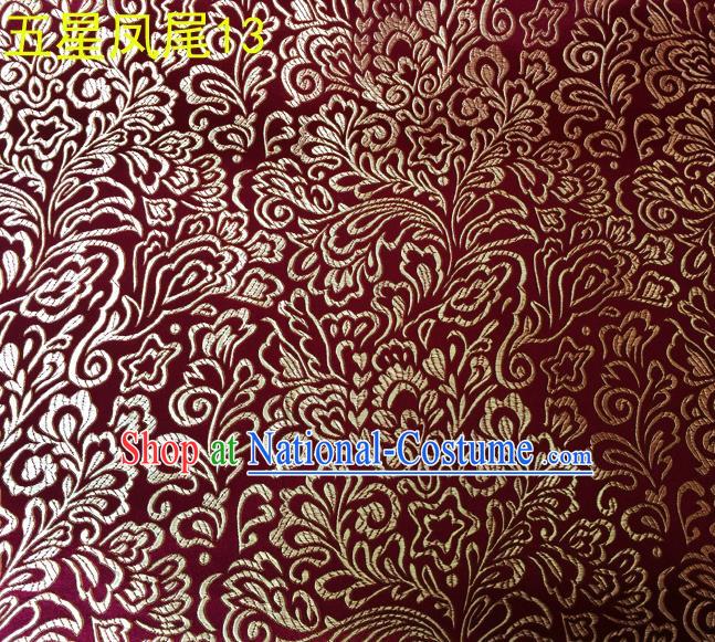 Asian Chinese Traditional Handmade Embroidery Golden Five-star Ombre Flowers Satin Silk Fabric, Top Grade Nanjing Brocade Tang Suit Hanfu Fabric Cheongsam Wine Red Cloth Material