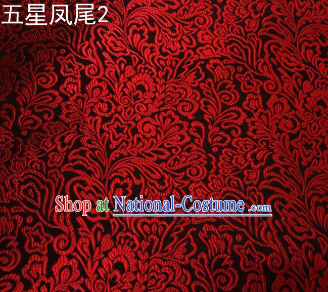 Asian Chinese Traditional Handmade Embroidery Red Five-star Ombre Flowers Satin Black Silk Fabric, Top Grade Nanjing Brocade Tang Suit Hanfu Fabric Cheongsam Cloth Material