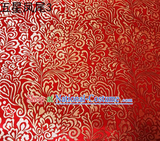 Asian Chinese Traditional Handmade Embroidery Golden Five-star Ombre Flowers Satin Red Silk Fabric, Top Grade Nanjing Brocade Tang Suit Hanfu Fabric Cheongsam Cloth Material