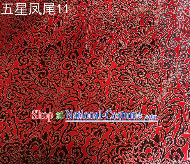 Asian Chinese Traditional Handmade Embroidery Black Five-star Ombre Flowers Satin Red Silk Fabric, Top Grade Nanjing Brocade Tang Suit Hanfu Fabric Cheongsam Cloth Material