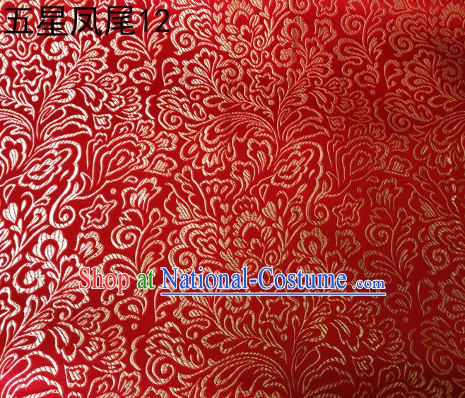 Asian Chinese Traditional Handmade Embroidery Golden Five-star Ombre Flowers Satin Red Silk Fabric, Top Grade Nanjing Brocade Tang Suit Hanfu Fabric Cheongsam Cloth Material