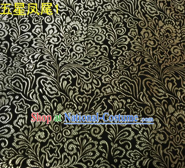 Asian Chinese Traditional Handmade Embroidery Golden Five-star Ombre Flowers Satin Black Silk Fabric, Top Grade Nanjing Brocade Tang Suit Hanfu Fabric Cheongsam Cloth Material