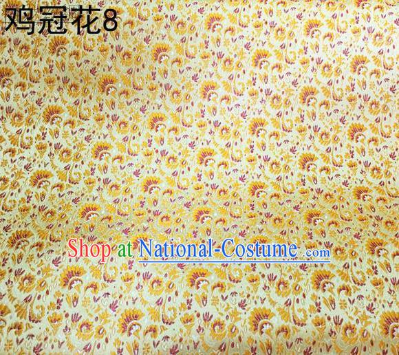 Asian Chinese Traditional Handmade Embroidery Cockscomb Flowers Satin Thangka Yellow Silk Fabric, Top Grade Nanjing Brocade Tang Suit Hanfu Fabric Cheongsam Cloth Material