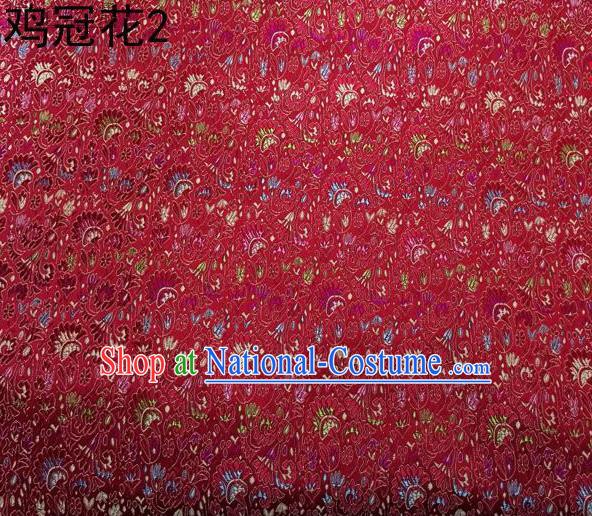 Asian Chinese Traditional Handmade Embroidery Cockscomb Flowers Satin Thangka Red Silk Fabric, Top Grade Nanjing Brocade Tang Suit Hanfu Fabric Cheongsam Cloth Material