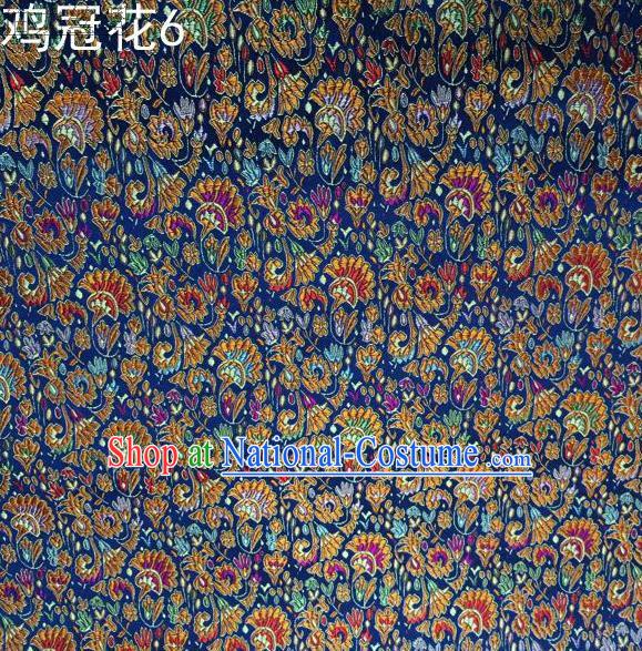 Asian Chinese Traditional Handmade Embroidery Cockscomb Flowers Satin Thangka Blue Silk Fabric, Top Grade Nanjing Brocade Tang Suit Hanfu Fabric Cheongsam Cloth Material