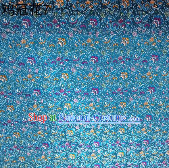 Asian Chinese Traditional Handmade Embroidery Cockscomb Flowers Satin Thangka Light Blue Silk Fabric, Top Grade Nanjing Brocade Tang Suit Hanfu Fabric Cheongsam Cloth Material