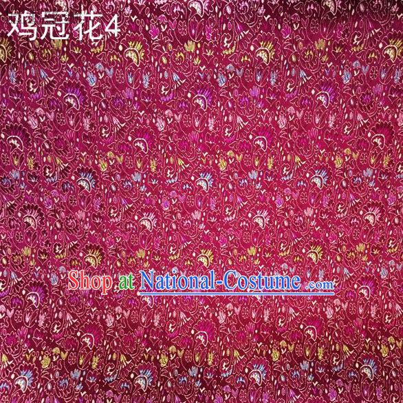 Asian Chinese Traditional Handmade Embroidery Cockscomb Flowers Satin Thangka Purple Silk Fabric, Top Grade Nanjing Brocade Tang Suit Hanfu Fabric Cheongsam Cloth Material