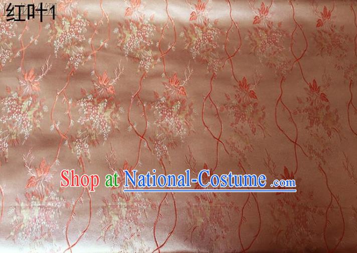 Asian Chinese Traditional Handmade Embroidery Maple Leaf Satin Wedding Silk Fabric, Top Grade Nanjing Brocade Tang Suit Hanfu Fabric Cheongsam Pink Cloth Material