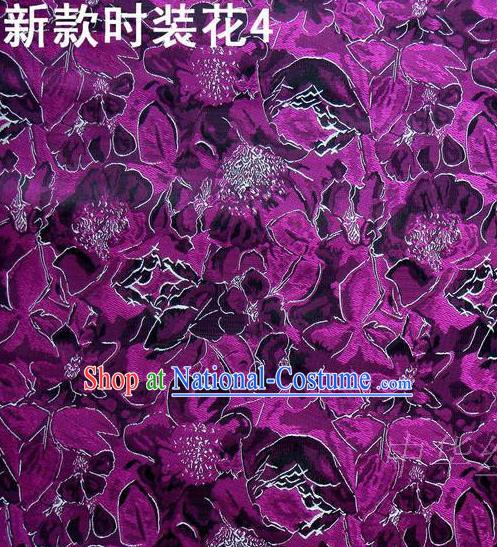 Traditional Asian Chinese Handmade Printing Flowers Satin Purple Silk Fabric, Top Grade Nanjing Brocade Tang Suit Hanfu Clothing Fabric Cheongsam Cloth Material