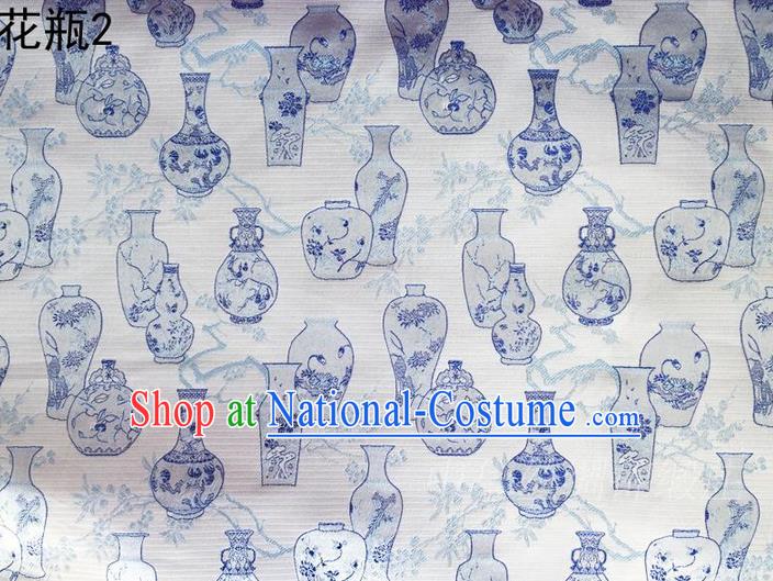 Traditional Asian Chinese Handmade Embroidery Blue Vase Satin Blue Silk Fabric, Top Grade Nanjing Brocade Tang Suit Hanfu Clothing Fabric Cheongsam Cloth Material