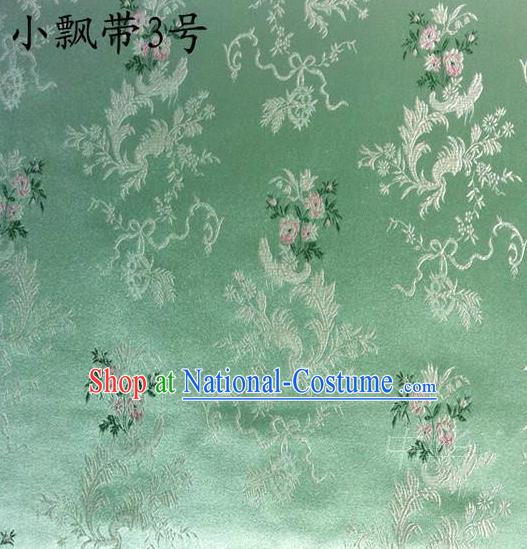 Traditional Asian Chinese Handmade Embroidery Flowers Ribbons Satin Green Silk Fabric, Top Grade Nanjing Brocade Tang Suit Hanfu Clothing Fabric Cheongsam Cloth Material