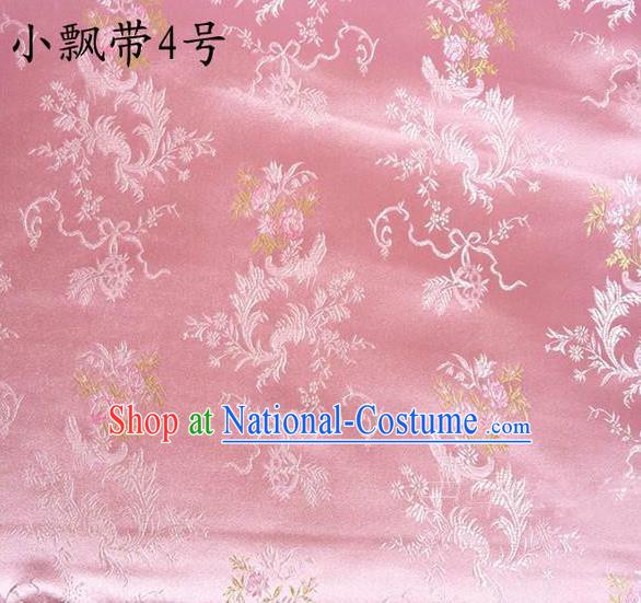 Traditional Asian Chinese Handmade Embroidery Flowers Ribbons Satin Pink Silk Fabric, Top Grade Nanjing Brocade Tang Suit Hanfu Clothing Fabric Cheongsam Cloth Material