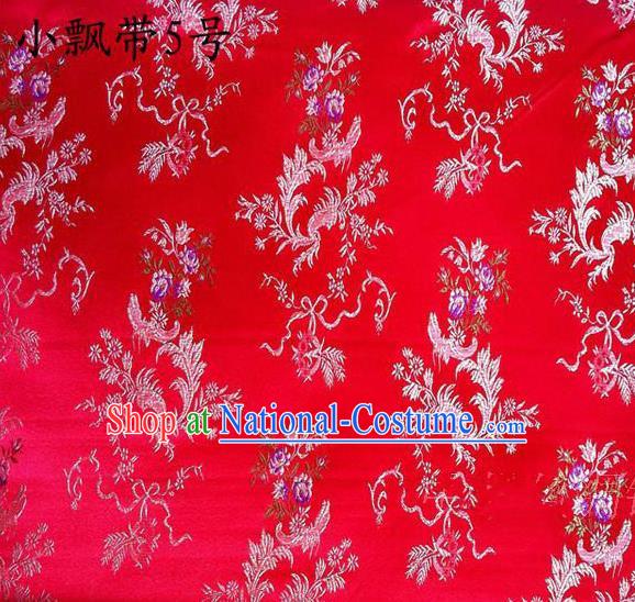 Traditional Asian Chinese Handmade Embroidery Flowers Ribbons Satin Red Silk Fabric, Top Grade Nanjing Brocade Tang Suit Hanfu Clothing Fabric Cheongsam Cloth Material