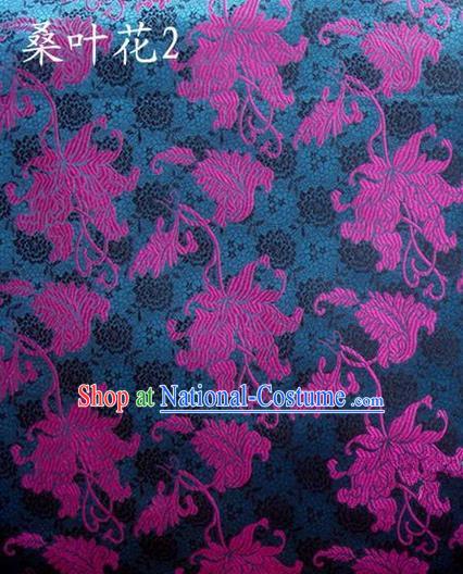 Traditional Asian Chinese Handmade Embroidery Mulberry Leaf Flowers Satin Navy Silk Fabric, Top Grade Nanjing Brocade Tang Suit Hanfu Clothing Fabric Cheongsam Cloth Material