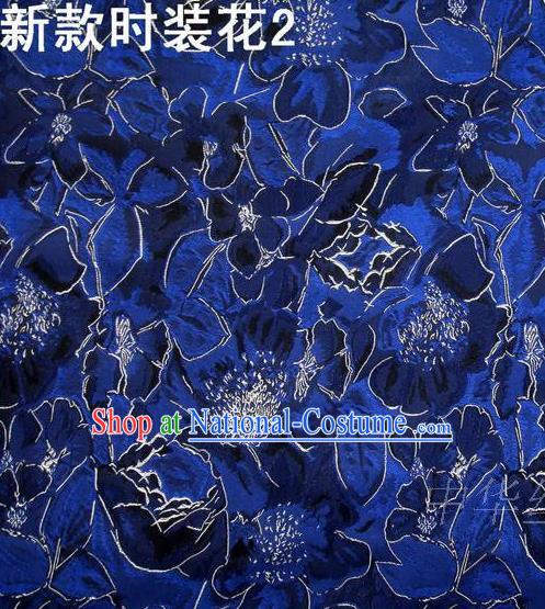 Traditional Asian Chinese Handmade Printing Flowers Satin Royalblue Silk Fabric, Top Grade Nanjing Brocade Tang Suit Hanfu Clothing Fabric Cheongsam Cloth Material