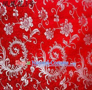 Traditional Asian Chinese Handmade Embroidery Ombre Peony Flowers Satin Red Silk Fabric, Top Grade Nanjing Brocade Tang Suit Hanfu Clothing Fabric Cheongsam Cloth Material