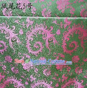 Traditional Asian Chinese Handmade Embroidery Pink Ombre Peony Flowers Satin Green Silk Fabric, Top Grade Nanjing Brocade Tang Suit Hanfu Clothing Fabric Cheongsam Cloth Material