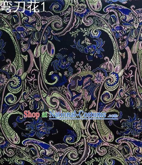 Asian Chinese Traditional Handmade Printing Machetes Flowers Satin Thangka Navy Silk Fabric, Top Grade Nanjing Brocade Tang Suit Hanfu Fabric Cheongsam Cloth Material